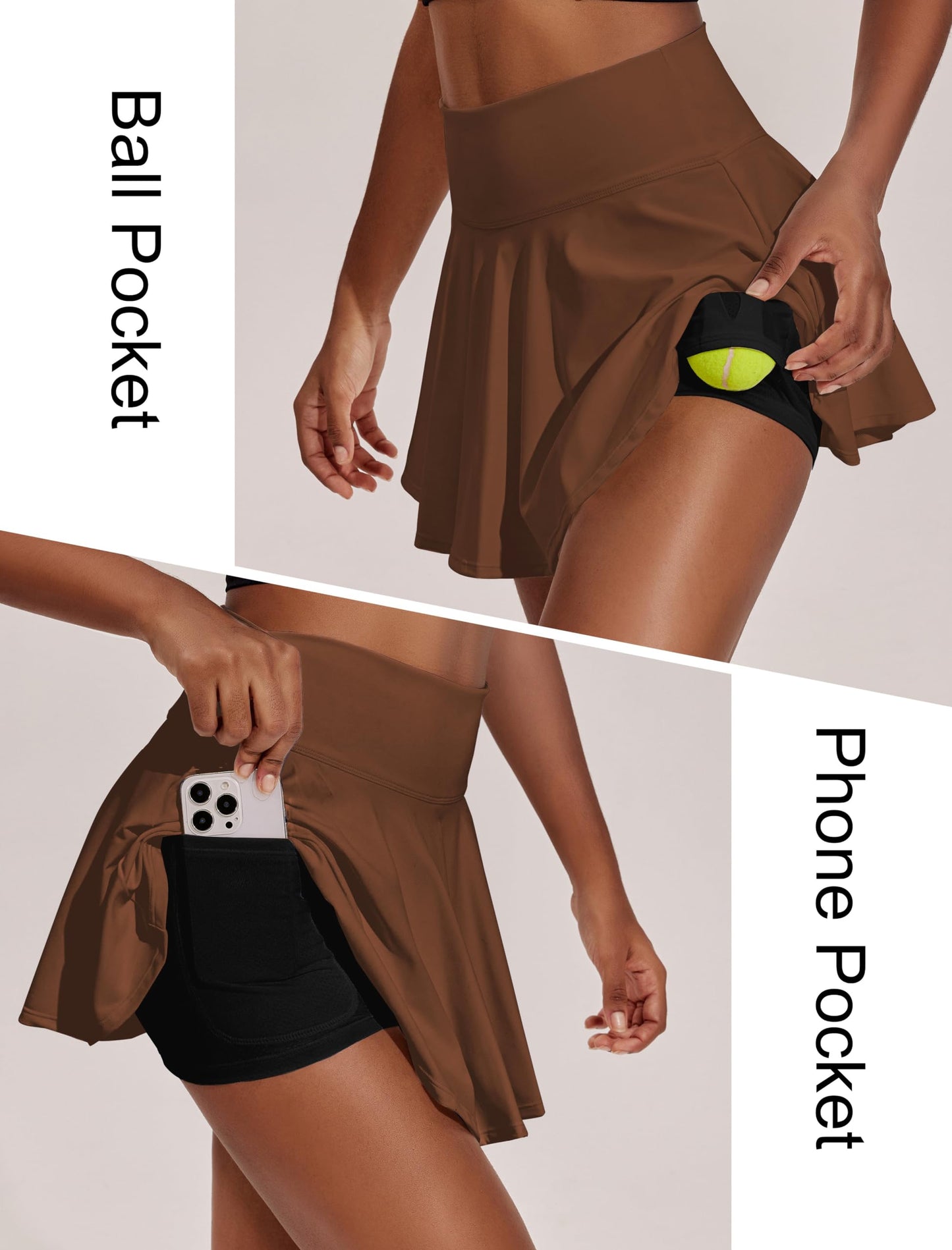 PINSPARK Womens Tennis Skirt Tummy Control Pleated Golf Skort with 2 Pockets High Waisted Active Skirts, Brown Medium