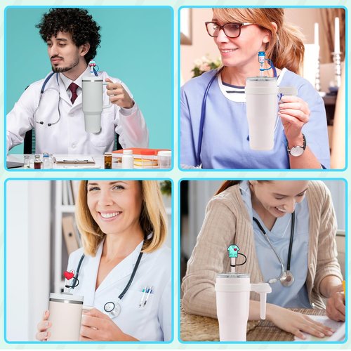 Nurse Straw Covers Cap 12 Pcs for Stanley Cup 30&40 Oz, Tumbler, Water Bottle Silicone Straw Toppers Fit 10mm Reusable Straws, Cute Nurse Gifts