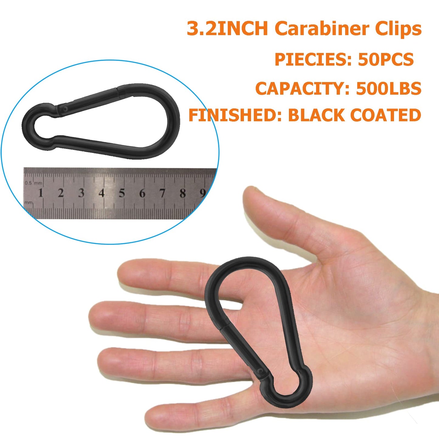 50Pack Carabiner Clips Heavy Duty, 3.2” Large Spring Snap Hooks Bulk, Galvanized Black Carabiners for Camping, Solid Spring Clips for Home Gym Hanging Hammocks Swing Hiking-500lbs Holding Capacity