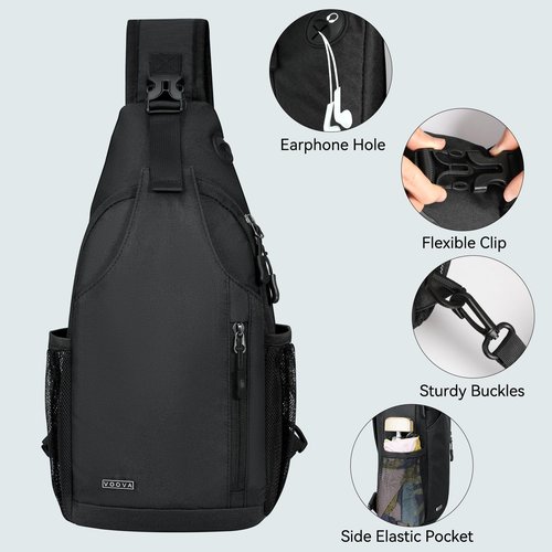 Voova Crossbody Sling Backpack Sling Bag for Men Women, Travel Hiking Chest Bag Daypack, Small over the Shoulder Backpack, Black