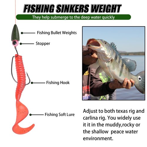 Bullet Fishing Weights Sinkers, 50pcs Lead Sinker Worm Weight Bass Fishing Texas Rig Carolina Rigs Slip Sliding Weights Freshwater Saltwater 1.75g