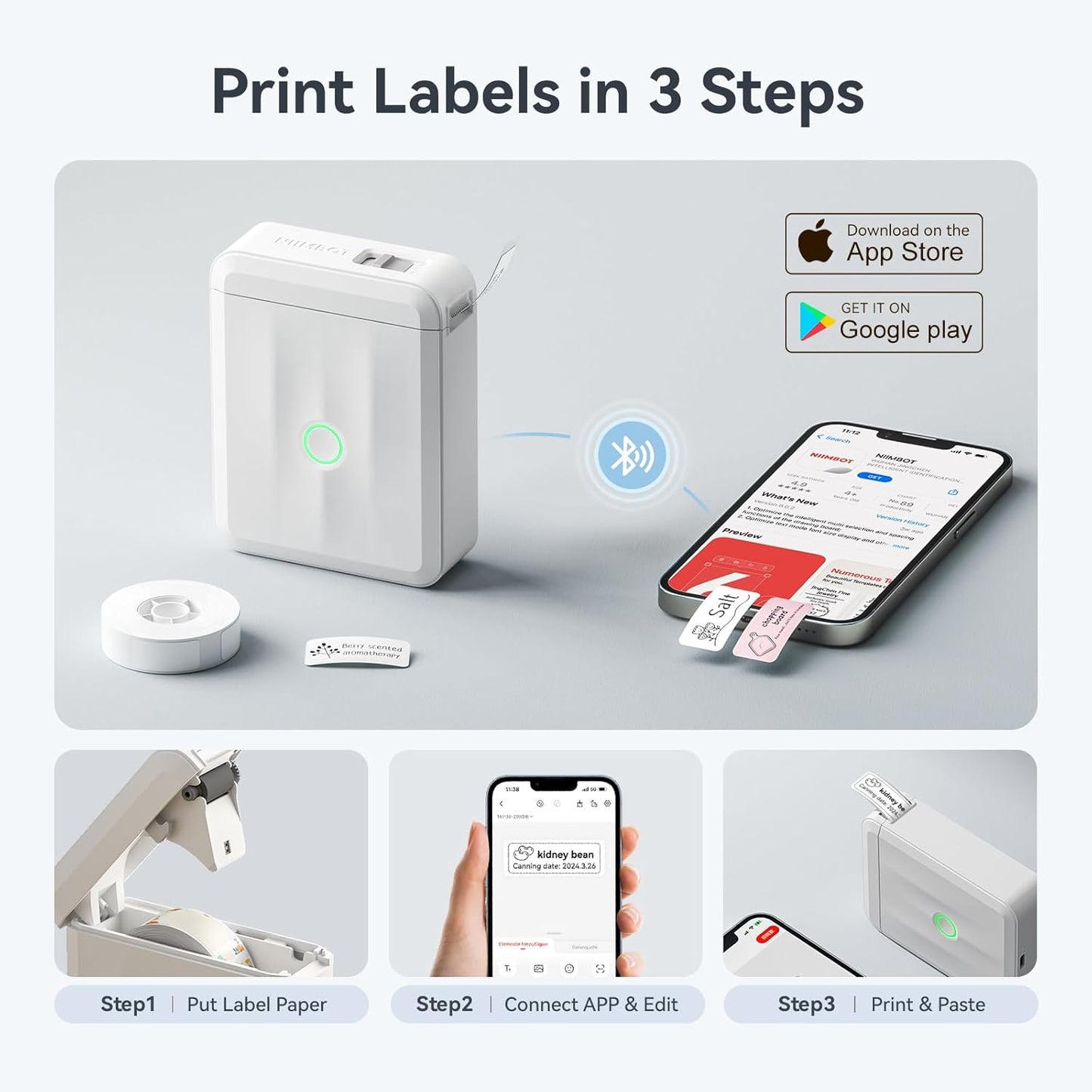 NIIMBOT D110 Upgraded Version Mini Label Maker Machine with Tape, Portable Bluetooth Thermal Printer, Sticker Labeler with Multiple Templates for Office Organization Home Kitchen School, White