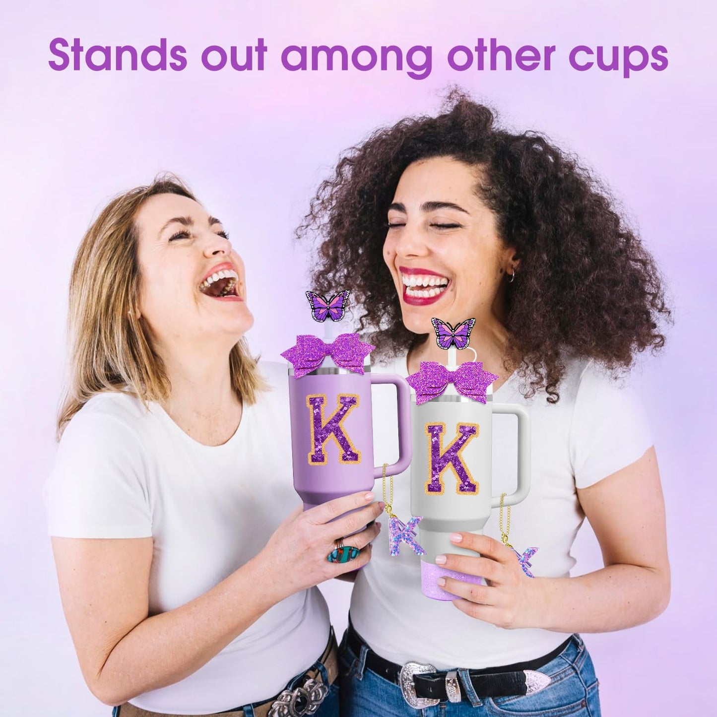 7Pcs Purple Stanley Cup Accessories Set for Stanley Cup 30&40 Oz Tumbler - Silicone Straw Cover Cap and Boot, Letter Charm for Handle, Spill Proof Stopper, Bow straw Decoration, Initial Sticker(K)