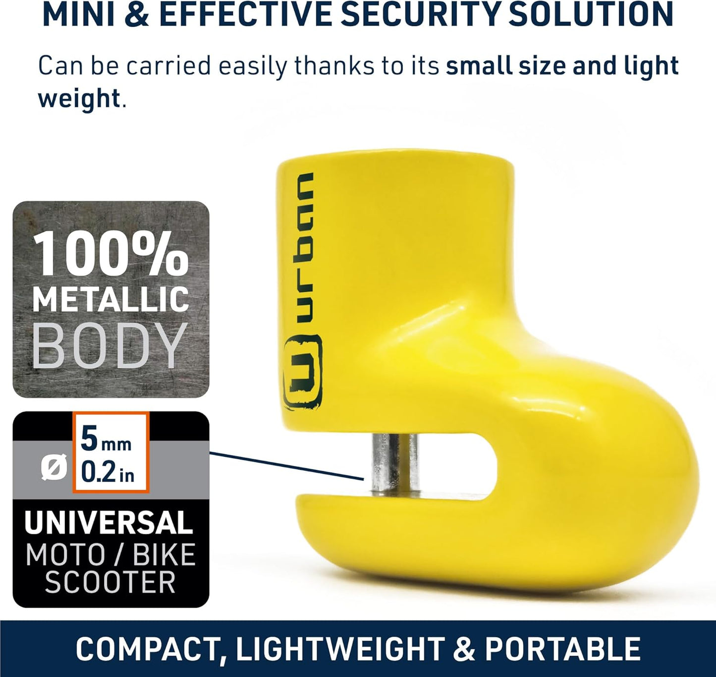 Urban 564A Most Compact Motorcycle Disc Lock, ø5mm, Lightweight, and Portable, More Visible, More Deterrent, Steel, Universal Anti Theft Wheel Brake Lock for Motorbike Scooter Electric Bike Bicycle