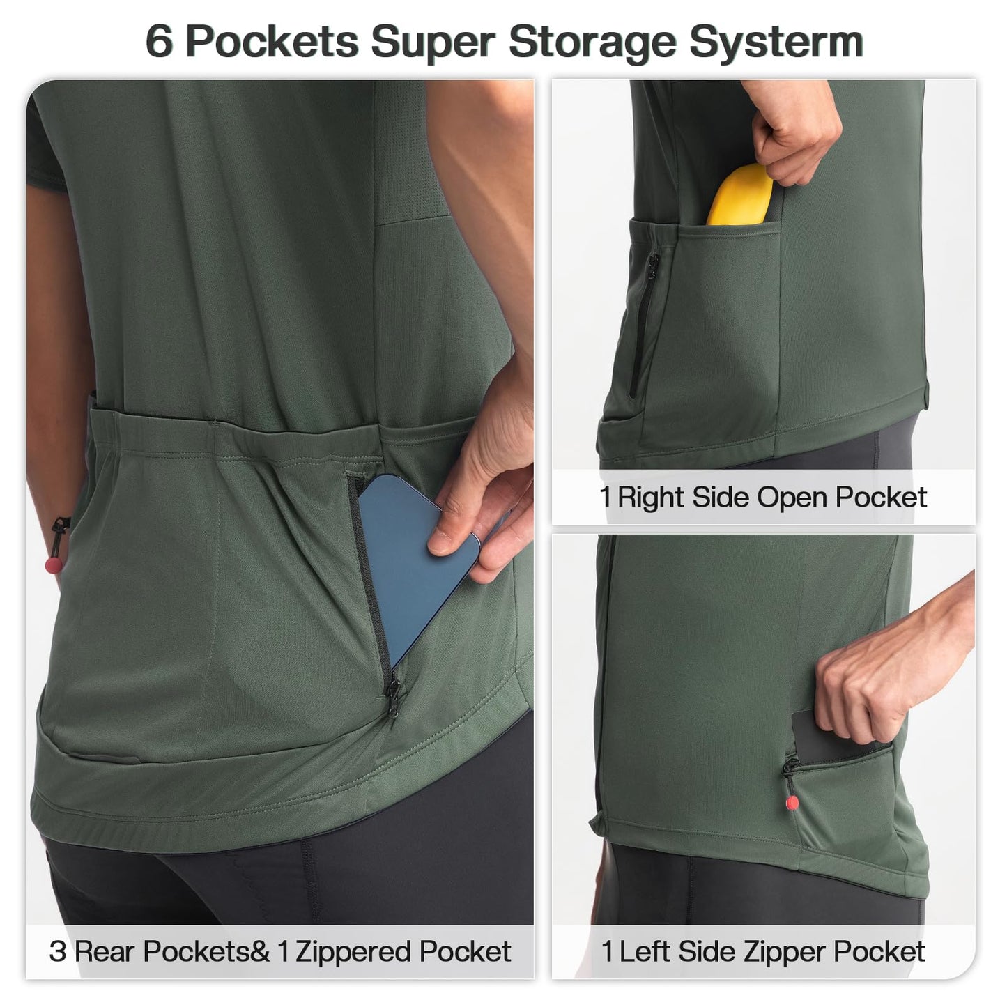 ARESFUEL Ultra-Soft 6 Pockets Cycling Jersey Men Short Sleeves Road Bike Shirts Biking Bicycle Mountain Bike Jersey Army Green X-Large