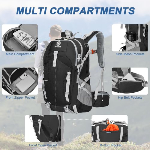 NEHOR Hiking Backpack, 40L Lightweight Camping Backpack with Rain Cover, Water Resistant Large Hiking Bag Outdoor Travel Daypack for Men Women, Black