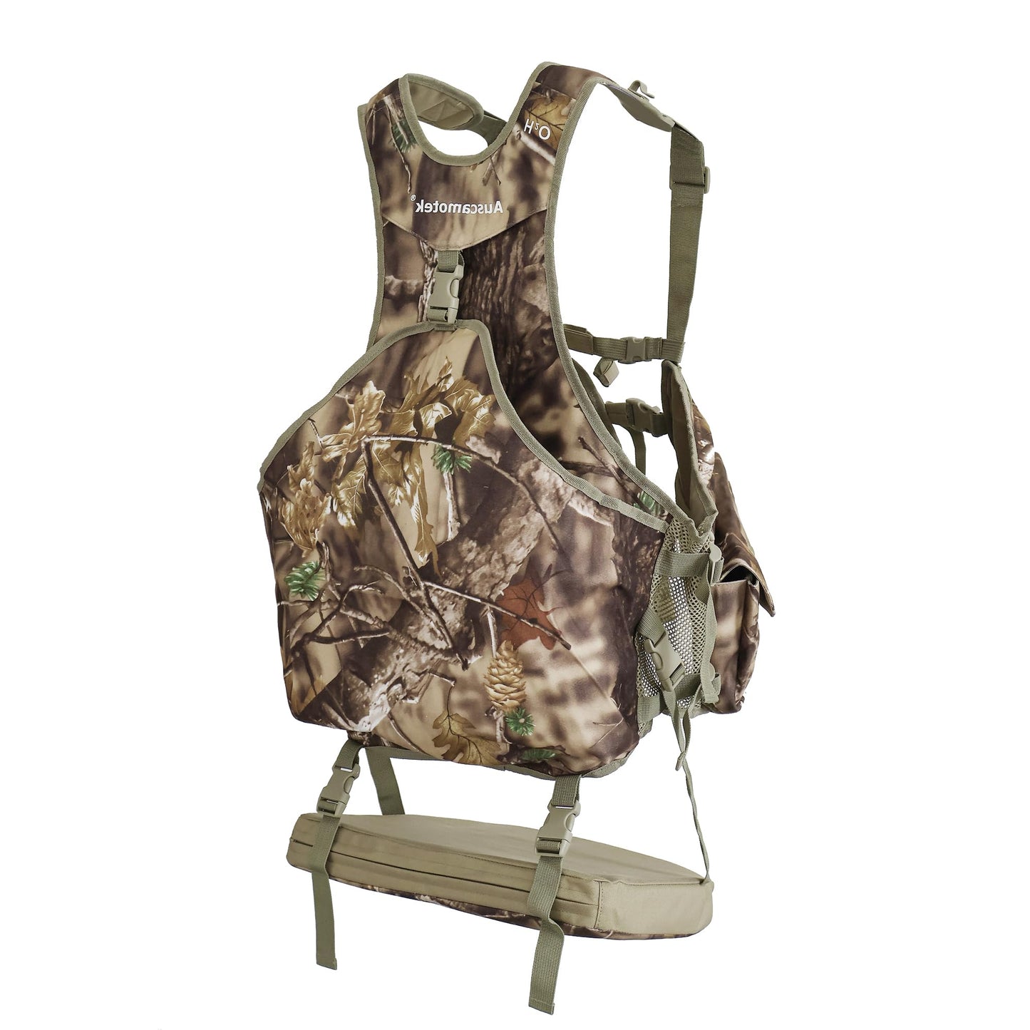 AUSCAMOTEK Camouflage Hunting Vest with Detachable Seat Cushion for Turkey Dove and Upland Bird Hunting - Woodland Autumn