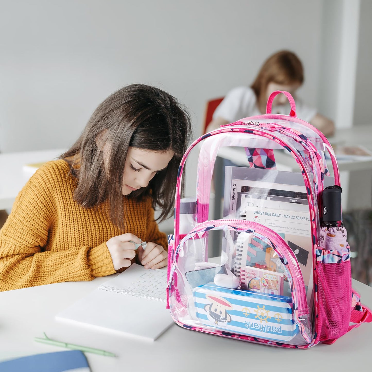 LIGHT FLIGHT Large Clear Backpack with Reinforced Padded Straps Heavy Duty PVC Transparent Backpack See Through Bookbags for Work,Travel,pink