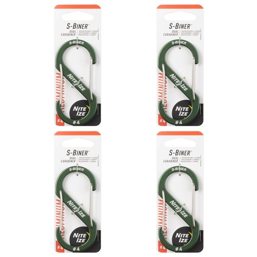 Nite Ize S-Biner Aluminum Dual Carabiner - Durable Dual Carabiner with Wire Gate Closure - Carabiner for Organizing Keys & Gear Attachments - Size 4, Olive (4 Pack)