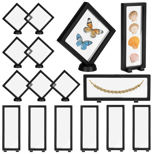 16 PCS Black Floating Display Case, UOIXPUHUO Transparent Challenge Coin Display Stand for Chips Ring Earrings Jewelry Necklace Shells Medals Antique AA Medallions (5.51*5.51*0.78in, 3.54*9.05*0.78in)