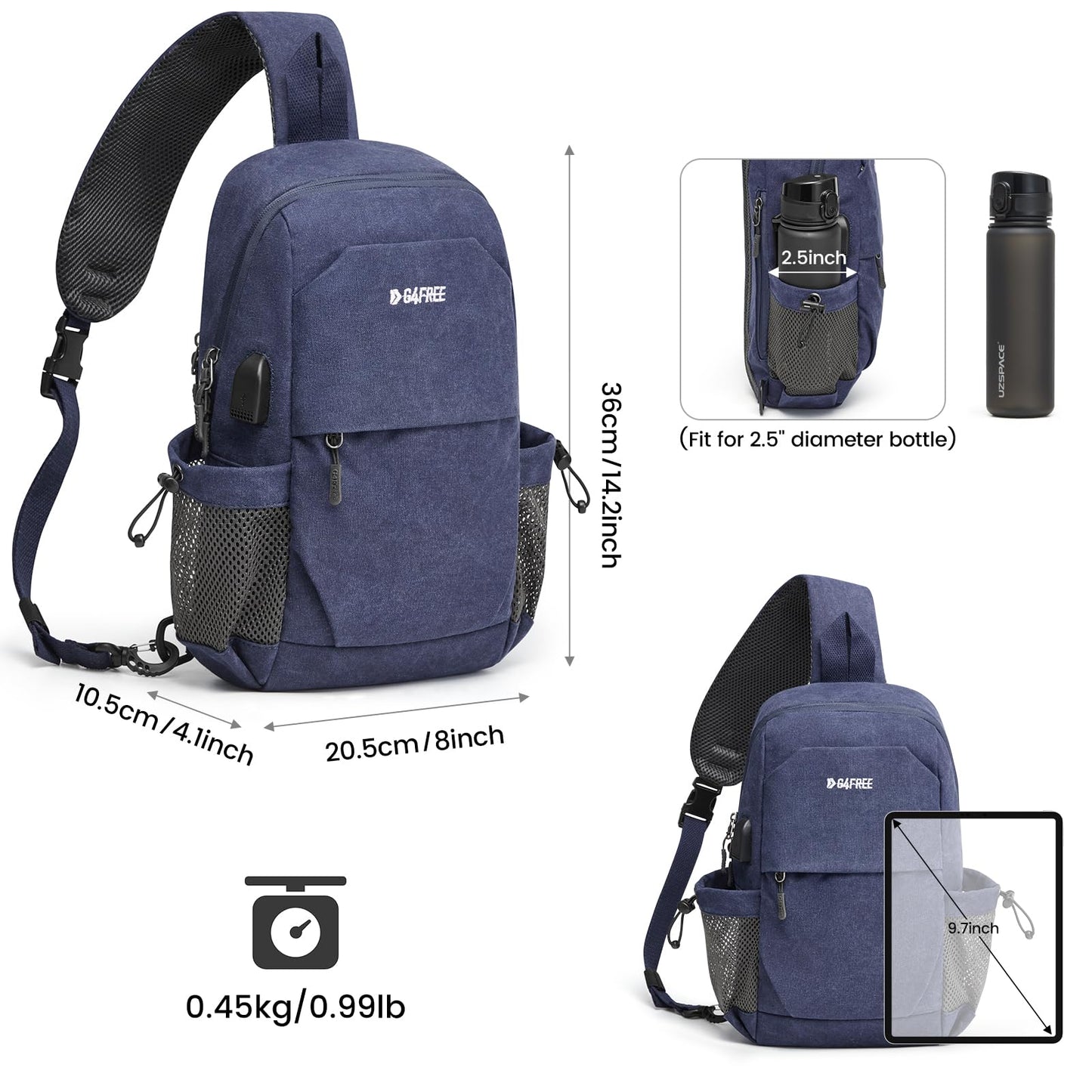 G4Free Canvas Sling Bag Crossbody Backpack Shoulder Bag for Men Women with Anti-theft Pocket & USB Charge Port (Dark Blue)