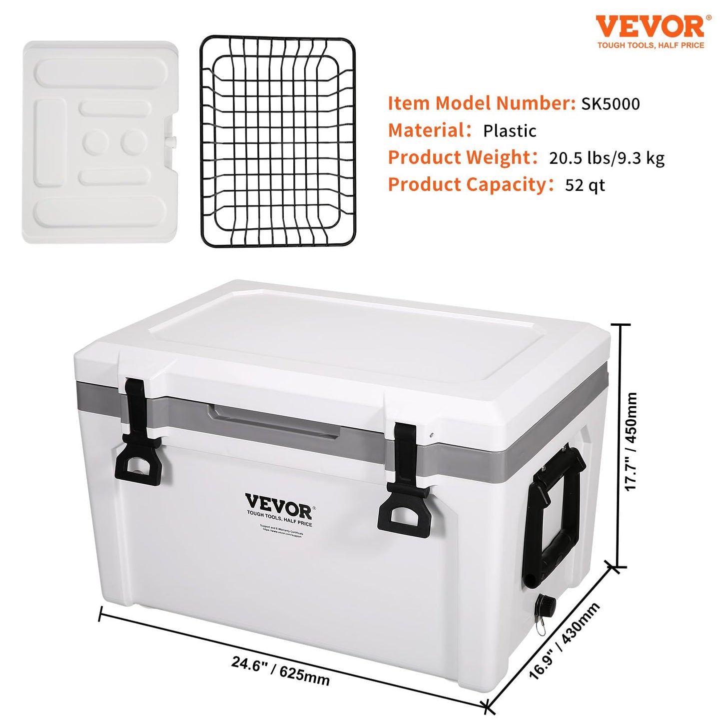 VEVOR Ultra-Light Hard Cooler 52 QT, Ice Retention Cooler with Heavy Duty Handle, Ice Chest Lunch Box for Camping, Travel, Outdoor, Keeps Cool for up to 6 Days, 30% Lighter Than Rotomolded Coolers