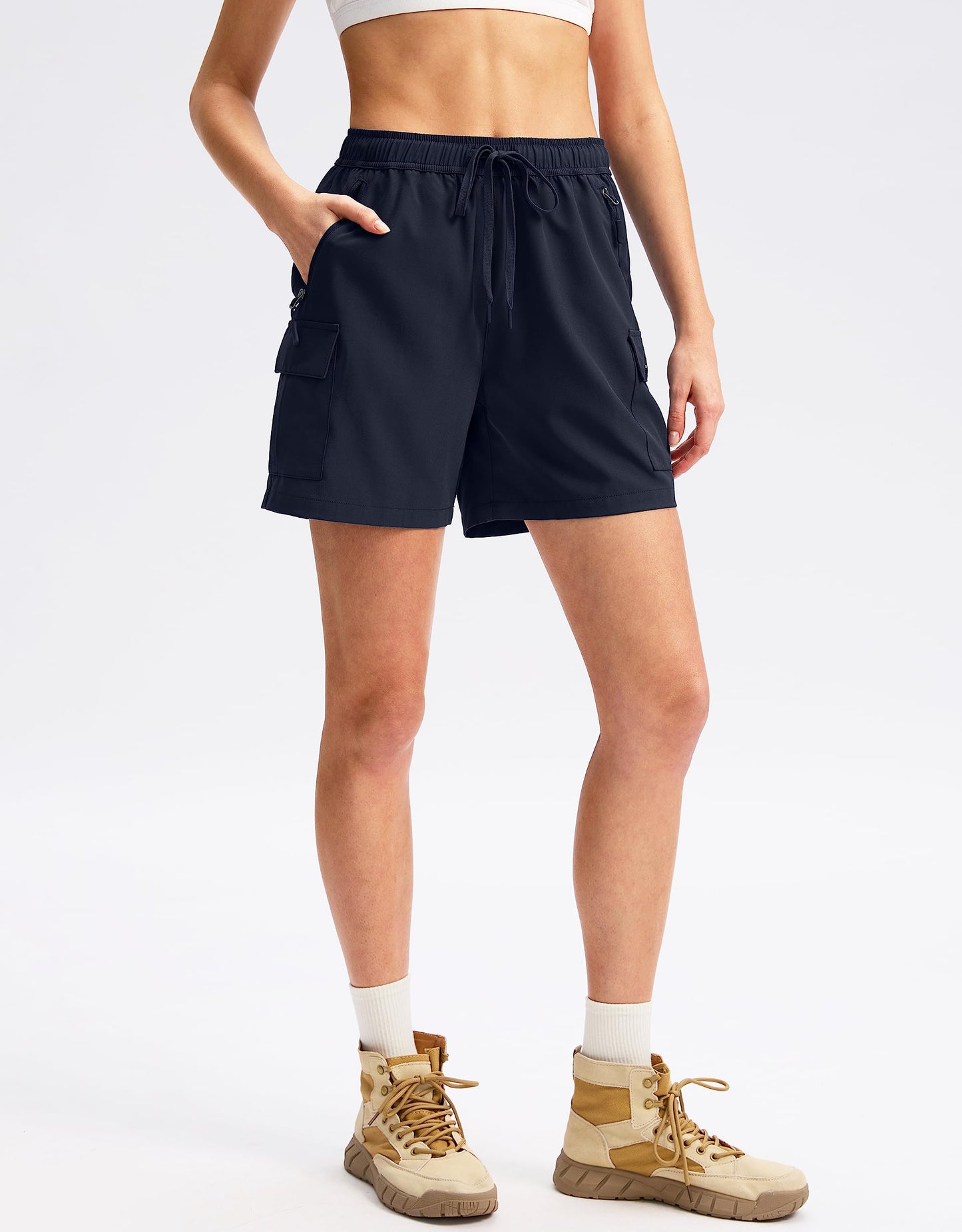 SANTINY Women's 5''/ 7''/9'' Hiking Cargo Shorts Quick Dry Lightweight Summer Shorts for Women Athletic Golf Zipper Pockets(Navy_L)