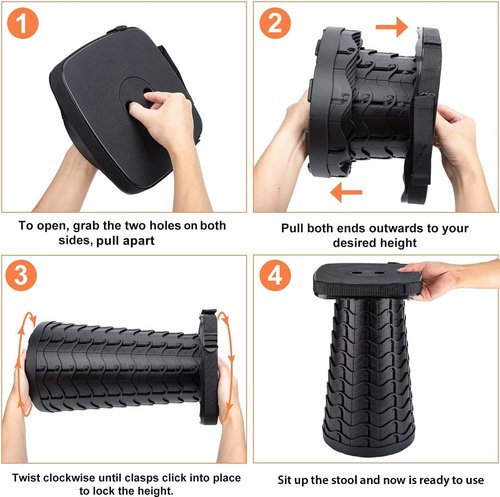 Outward Gear Portable Collapsible Stool Set - Heavy Duty Square Collapsible Stool + Thick Seat Cushion - 550lbs Load Capacity for Camping Picnic Gardening Travel (Black/Black)