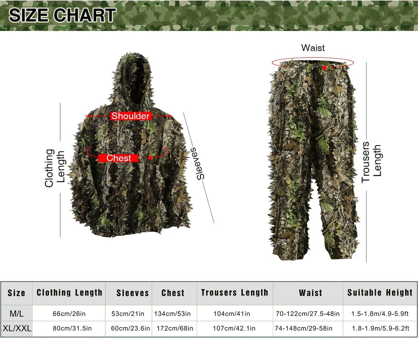 Zicac Outdoor Camo Ghillie Suit 3D Leafy Camouflage Clothing Jungle Woodland Hunting