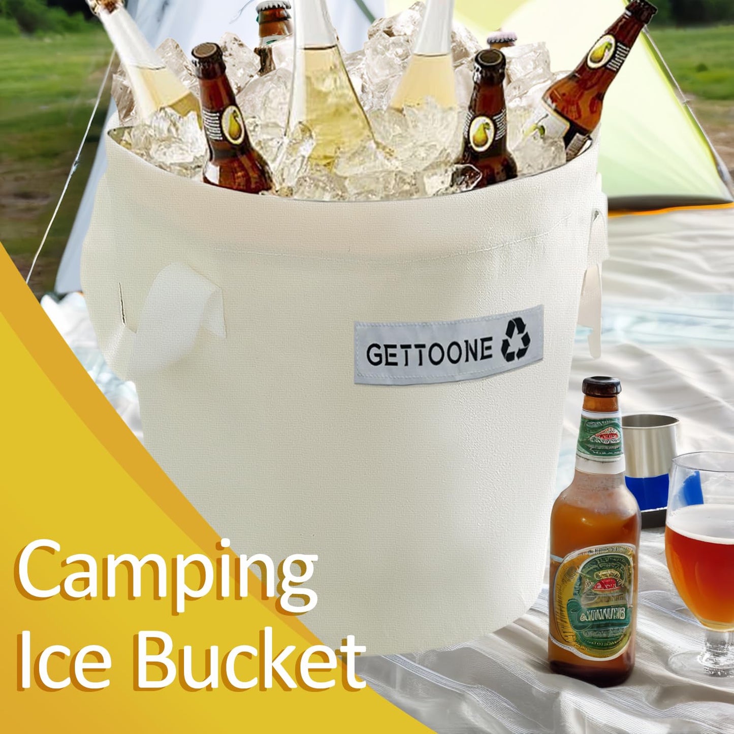 GETTOONE Collapsible Ice Bucket for Drinks, White Party Cooler with Insulated Lining & Carry Handles, Portable Folding Champagne Wine Beer Bucket for Indoor Outdoor Event (M)