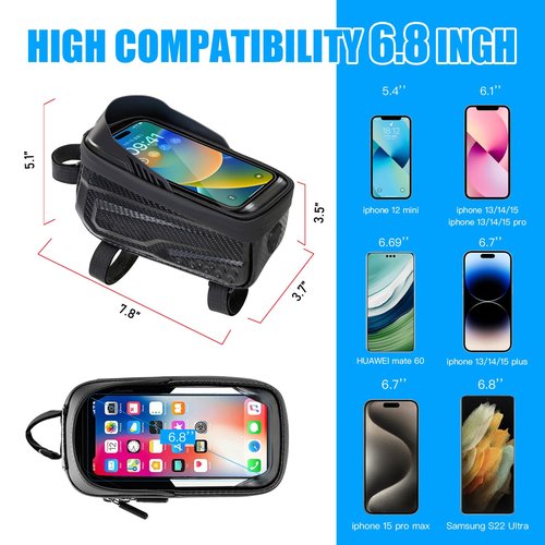 LLTTLTMM Waterproof Bike Bag, Long Extension Strap, Top Tube Bag Under 6.9'', Large Capacity, Touch Screen Compatible