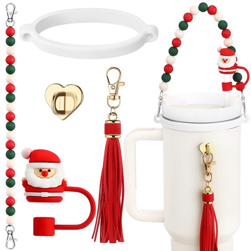 Skylety 5 Pcs Silicone Accessories Set for 8-40 oz Tumbler - Includes Silicone Beaded Bottle Strap, Leather Tassel Charm, Straw Cover, Rubber Cup Ring (Red, Green, Christmas)