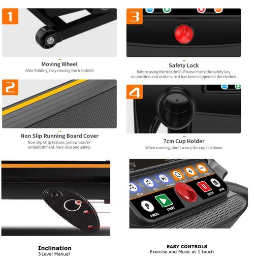 Motorized Electric Treadmill for Home, Bluetooth, Speaker, USB Port, AUX - Fitness App,3 Level Manual inclination & Foldable Running Machine with 12 Programs, 6.2 M/hr Speed