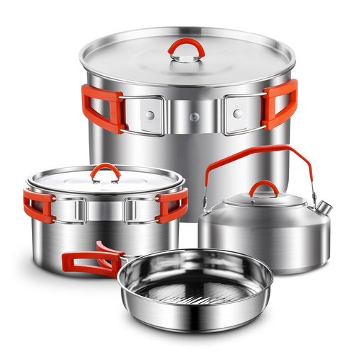 Camping Cookware Set,Camping Cooking Set,304 Stainless Steel Camping Pots and Pans Set,Camping Gear for Hiking Outdoor Cooking Picnics for 2-4 People