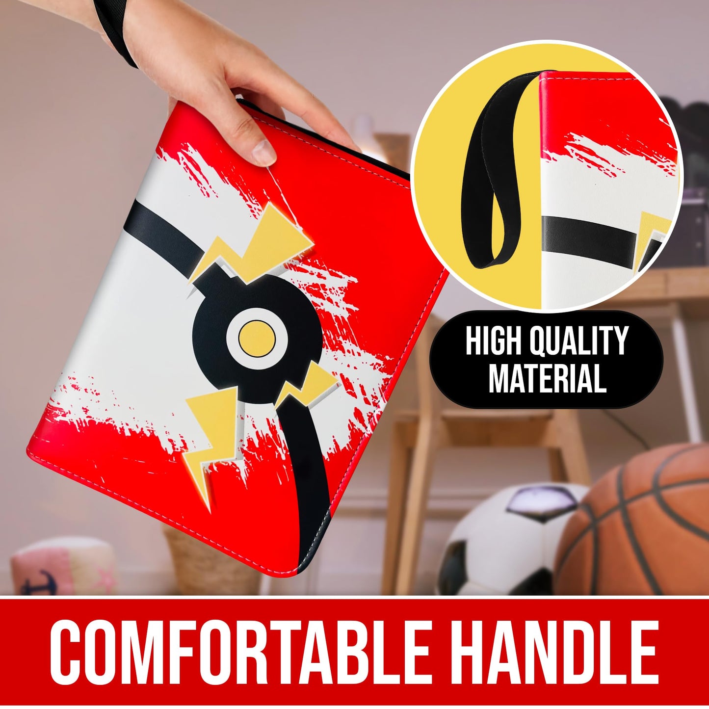 4-Pockets Trading Card Binder PLUS Extra Pack of 100 Sleeves, carries 440 cards in 55 Double sided Pages, FREE Pack of 100 Yellow Sleeves to safely store extra Cards, Premium Zipped PU Leather Cover