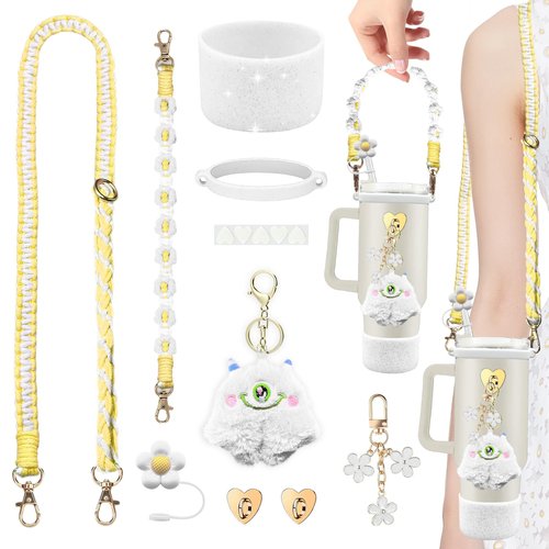 Stanley Cup Accessories Set Including Adjustable Water Bottle Shoulder & Handle Strap, Glitter Silicone Protective Boot, Silicone Straw Topper Cover, Cute Charms for Stanley 30oz 40oz Tumbler (White)