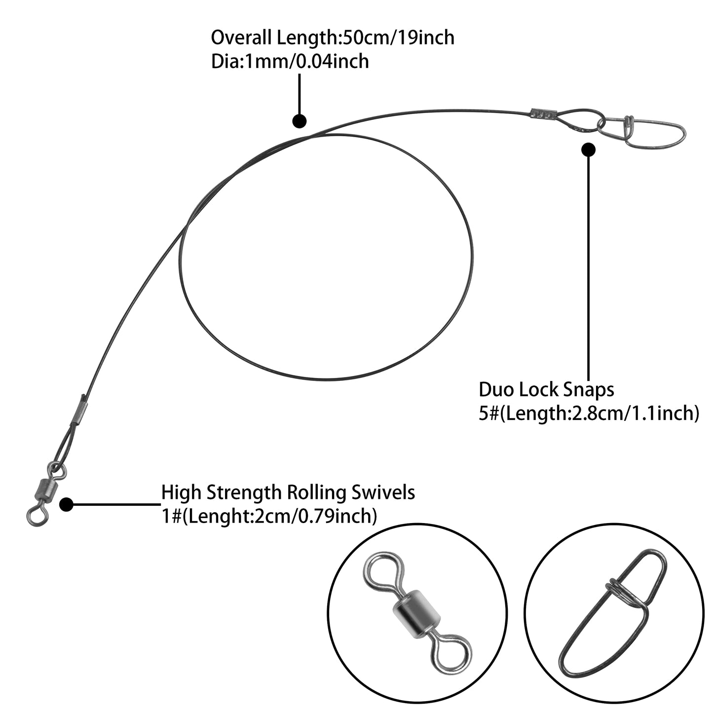 Fishing Wire Leaders, 15pcs Heavy Duty 150LB Stainless Steel Fishing Line Leaders with Swivels and Snaps Nylon-Coated Tooth Proof Saltwater Line Wire Leader Snap Connector 19.7inch