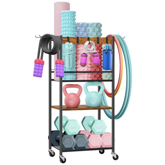 Home Gym Storage Rack, Yoga Mat Storage Racks, Workout Equipment Storage Organizer for Dumbbell Kettlebells, Exercise Shelf with Hooks and Wheels(Rustic Brown)