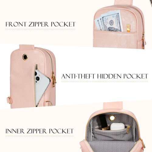 MoKo Vegan Leather Sling Bag - Small Trendy Casual Adjustable Detachable Shoulder Strap Crossbody Bags for Women and Men Daily Hiking Travel, Light Pink