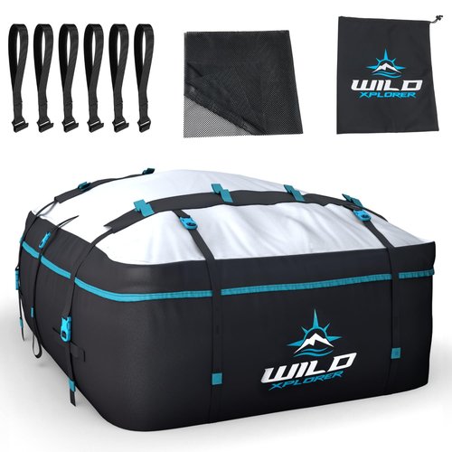 Wild Xplorer Rooftop Cargo Carrier - 15 Cubic Feet (L), Waterproof Soft Shell Car Roof Cargo Carrier, Heavy Duty Car Top Luggage Cargo Bag with Patented Door Hooks and Non-Slip Mat