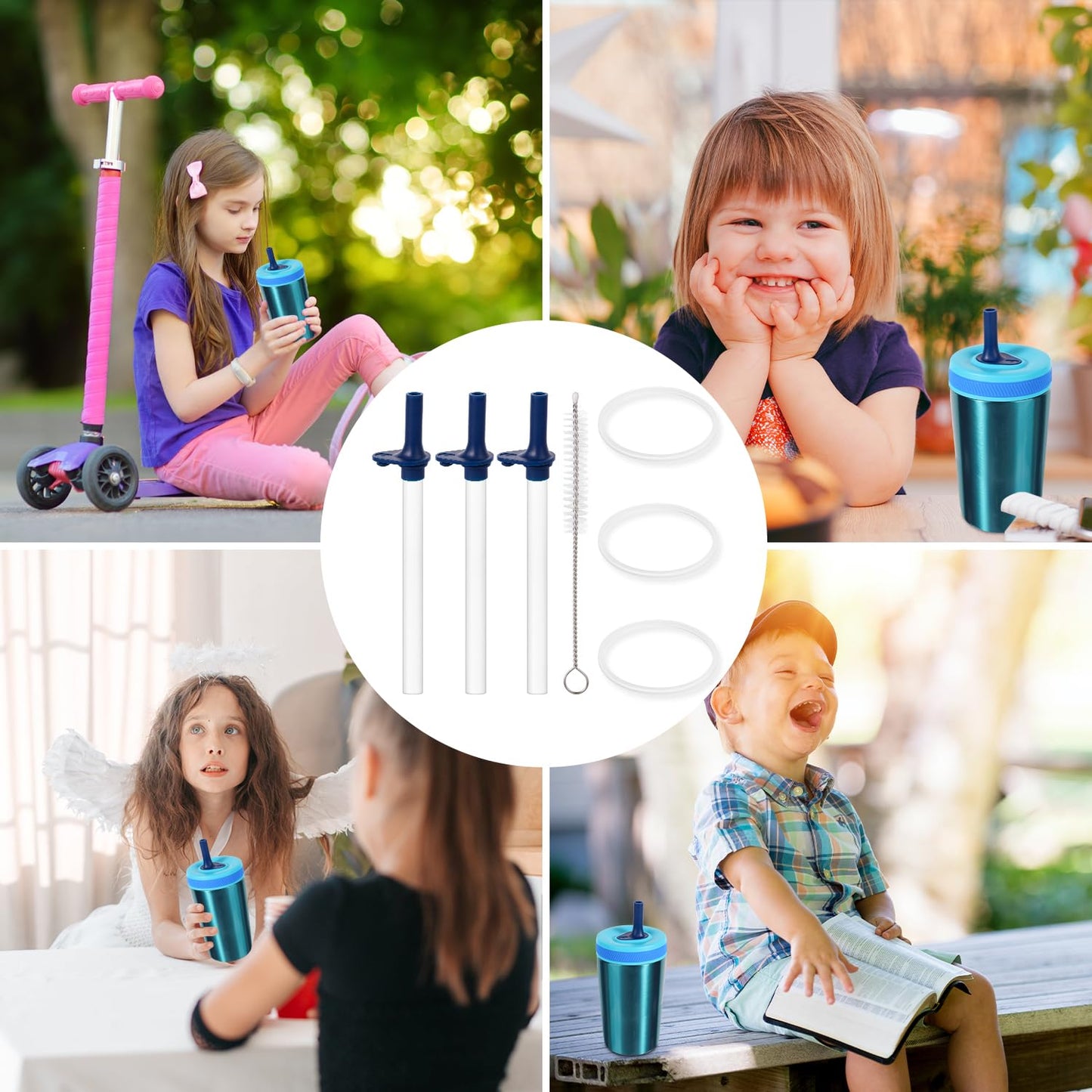 3pcs Replacement Straws with Bite Valve for Zak Designs Kelso Kids 15oz, BPA Free Reliable Straw Cup Accessories with Zak Designs and Reusable Gaskets Brush for Water Bottles (Deep Blue)