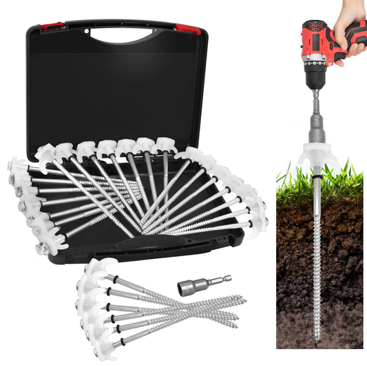 20 Pack 8" Screw in Tent Stakes Heavy Duty- Ground Anchors Screw- Tent Pegs Camping Stakes- Hex Pegs Drillable Tent Stakes and Hexagon Head Drive and Storage Box (White)
