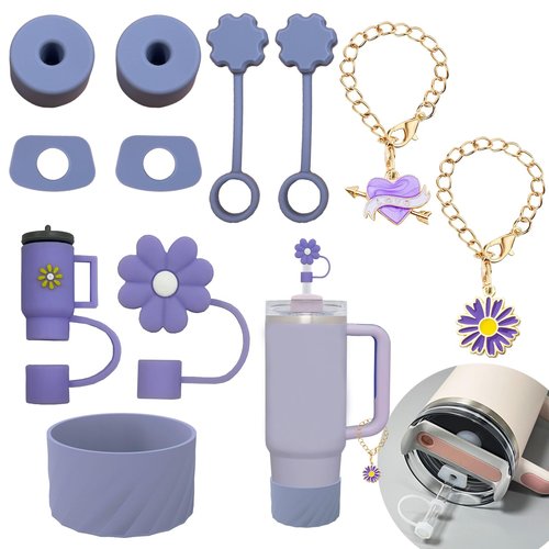 Cup Accessories Set For Stanley, Silicone Spill Stopper Set, Including 2 Cute Straw Cover Cap, 2 Square and Round Spill Stopper, 2 Cute Charms Chain (Purple)