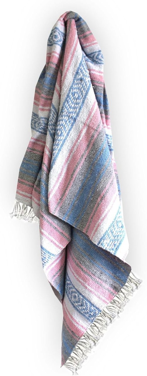 Del Mex Classic Mexican Blanket, Large Authentic Woven Falsa Throw (70"x50"), Artisan Southwest Décor for Beach, Yoga, Outdoors (Pink/Tan)