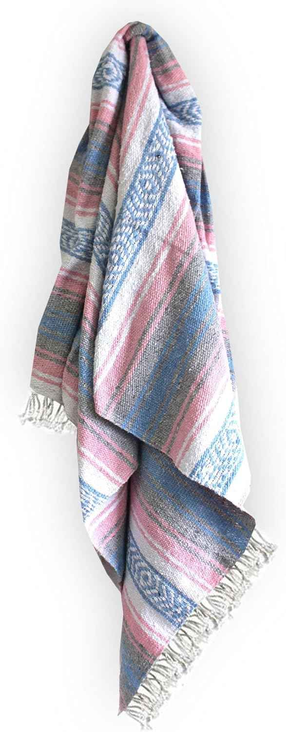 Authentic Del Mex Large Mexican Blanket - Woven Falsa Throw (70"x50") for Beach, Yoga & Outdoor Decor - Pink/Tan