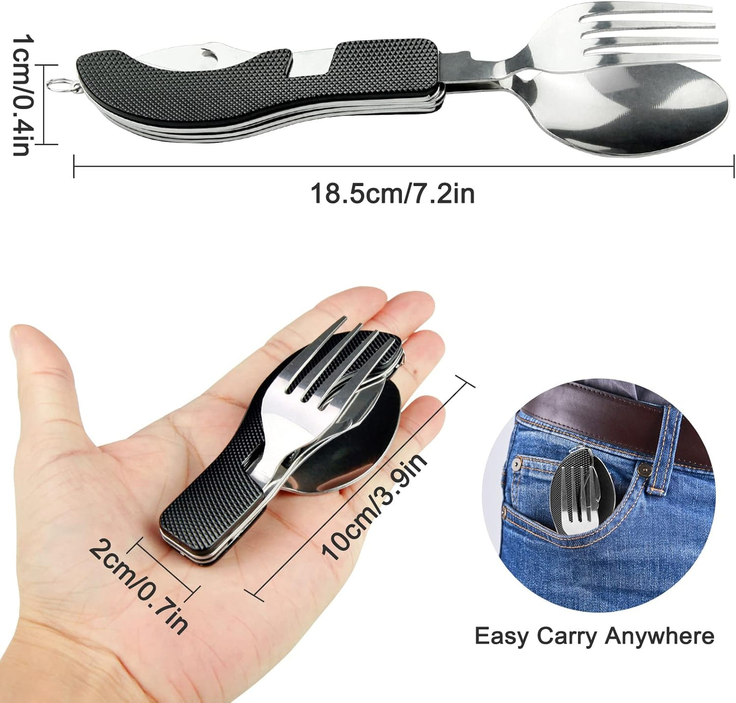 7-in-1 Camping Utensils - Portable Stainless Steel Camping Fork Spoon Knife Set for Hiking, Picnics Outdoor Enthusiasts, and Travel - Essential Survival Utensil Tool Kit