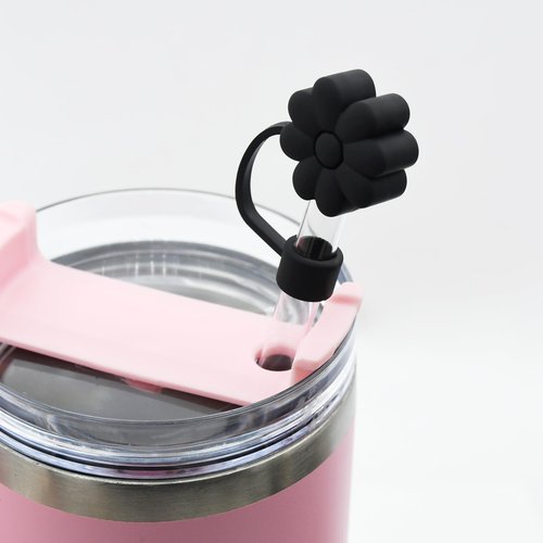 Meitesti Flower Straw Cover Cap for Stanley Cup Silicone Straw Topper Compatible with 30&40 Oz Tumbler, 4pcs Black Flower