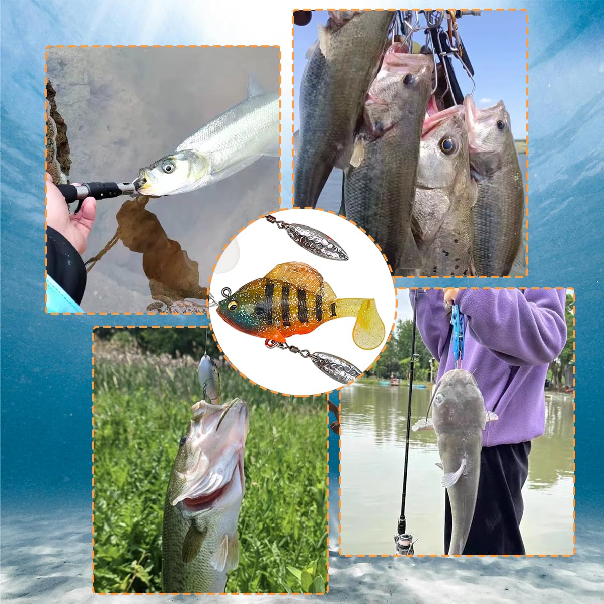 6PCS Pre-Rigged Jig Head Soft Fishing Lures with Paddle Tail, Swim Baits 3D Eyes Spinner Blades for Bass Fishing, Fishing Bait for Freshwater Saltwater, Fishing Lures for Bass Trout Walleye Crappie