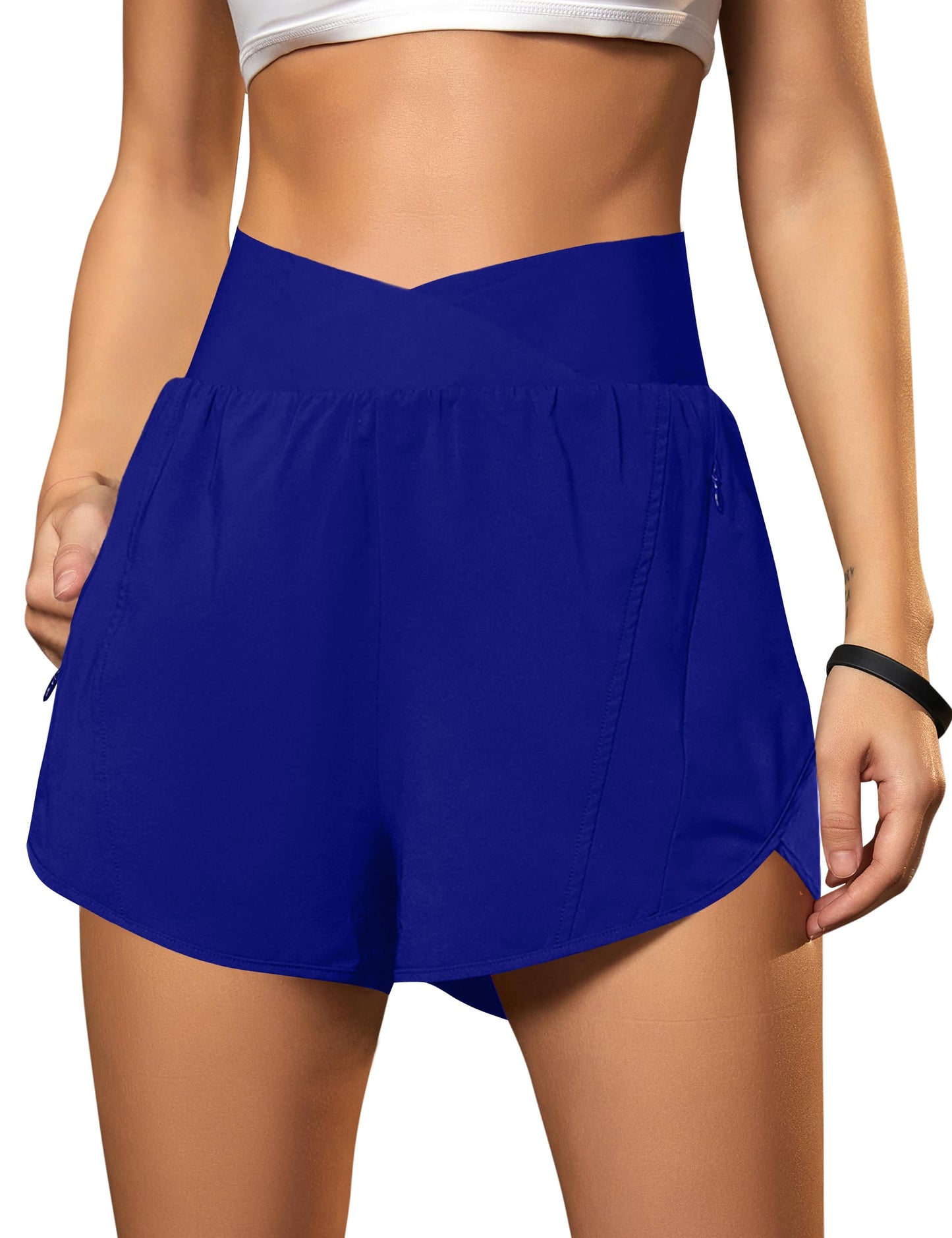 Blooming Jelly Women's Workout Shorts Athletic Running Elastic High Waisted Black Tummy Control Shorts with Zipper Pockets (Royal Blue,XX-Large)