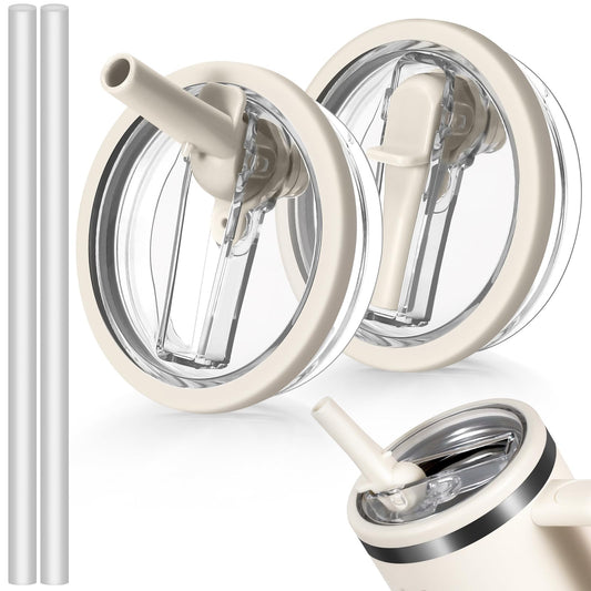 ANTAND 2 Pack Leakproof Lid Replacement 40 oz for Stanley Cup Accessories, Flip Straw Tumbler Leak Proof Lids for Stanley Quencher H2.0, Dust-Proof Straw Cover for stanley cups 40oz (Beige, Beige)