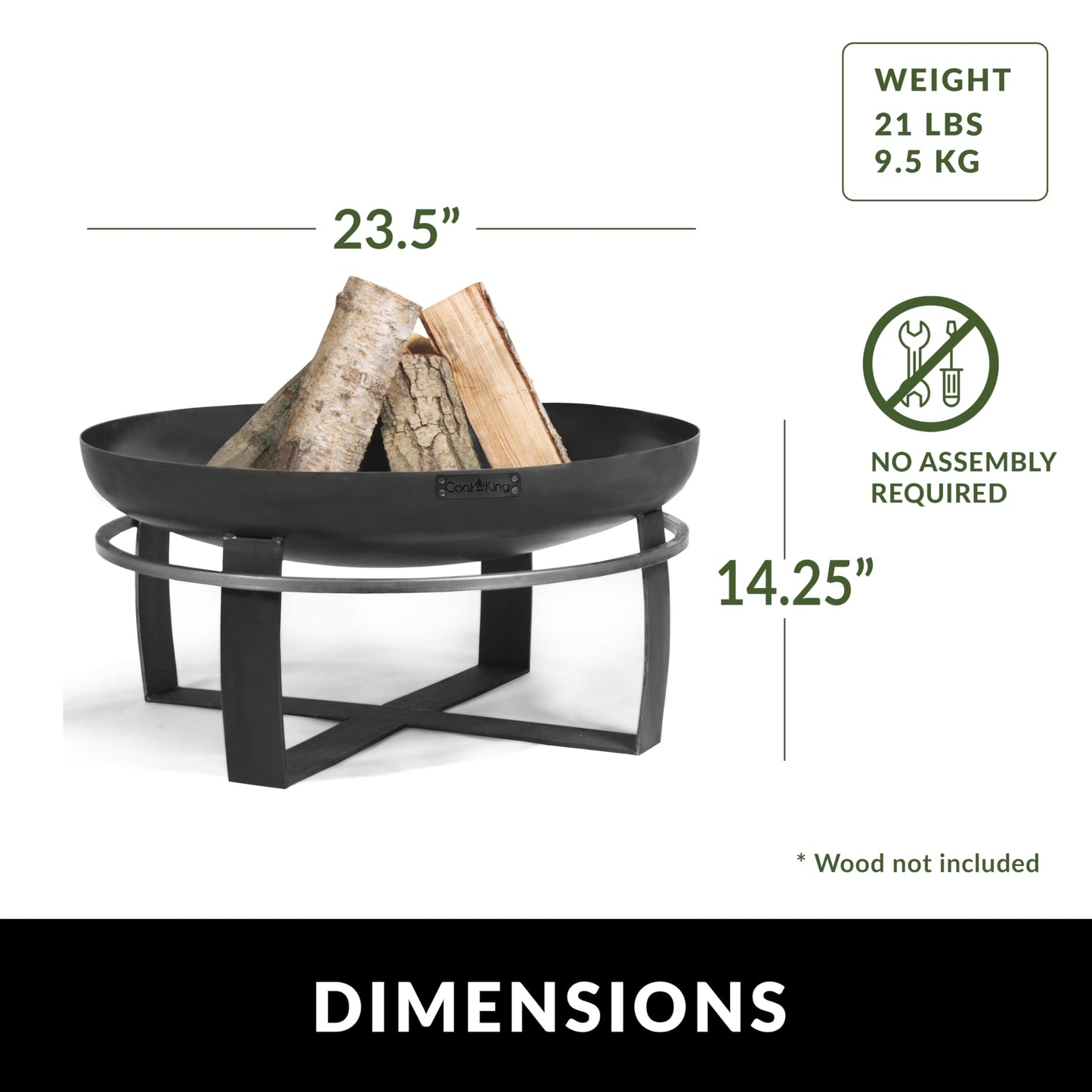 Ignition 24" Handcrafted Cooking Fire Pit with Cooking Grill Plate, Cover Lid and Wood Burning for Backyard Bonfire Campfire for Outside, Medium Outdoor Raw Steel Firepit, by Good Directions