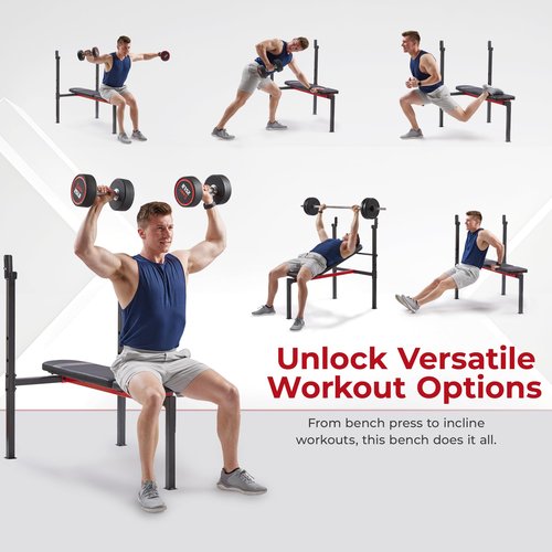Sunny Health & Fitness Adjustable Multi-Function Incline Weight Bench with Barbell Rack, Full Body Workout Exercise Strength Training for Home Gym W/Optional Leg Developer & Preacher Curl Attachment