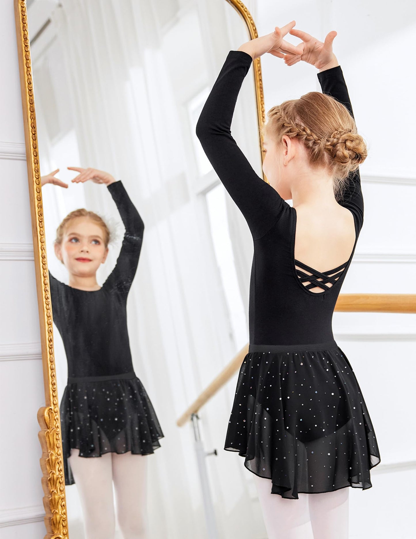 Zaclotre Girls Ballet Leotards Toddler Long Sleeve Crisscross Back Dance Dress Outfit with Removable Shiny Skirt Combo
