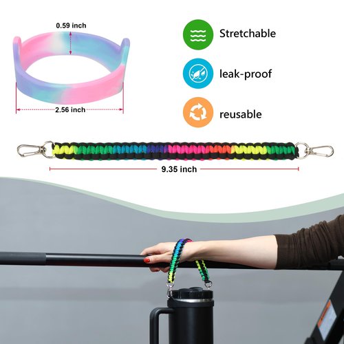 Wongeto Water Bottle Handle,Paracord Water Bottle Strap,Bottle Holder with Strap,Fits Most 8-40oz Bottles Compatible Stanley Cup Accessories(Rainbow + Love Pendant