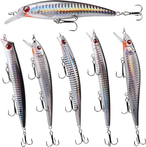 Saltwater Fishing Lures Kit 6pcs Striped Bass Fishing Lures Hard Minnow Lures Jerkbait Topwater Popper Plugs Surf Fishing Striper Lures Inshore Offshore Saltwater Fishing Lures Set