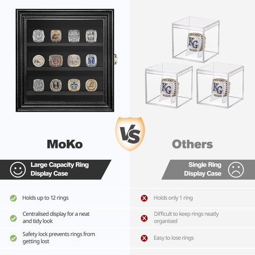 MoKo Championship Ring Display Case, 12 Ring Holder, Wooden Box with Lock, Wall Mount or Tabletop Display