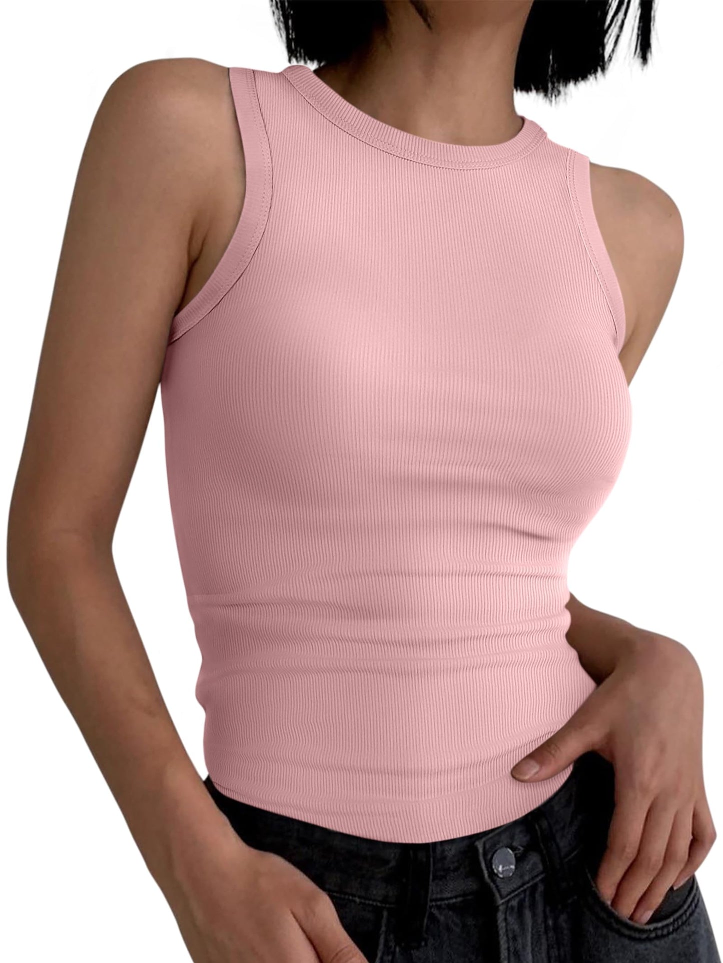 ANRABESS Womens Sleeveless High Neck Tank Tops Fashion Summer Casual Basic Slim Fit Ribbed Racerback Top Shirt Clothes Coral Pink Large
