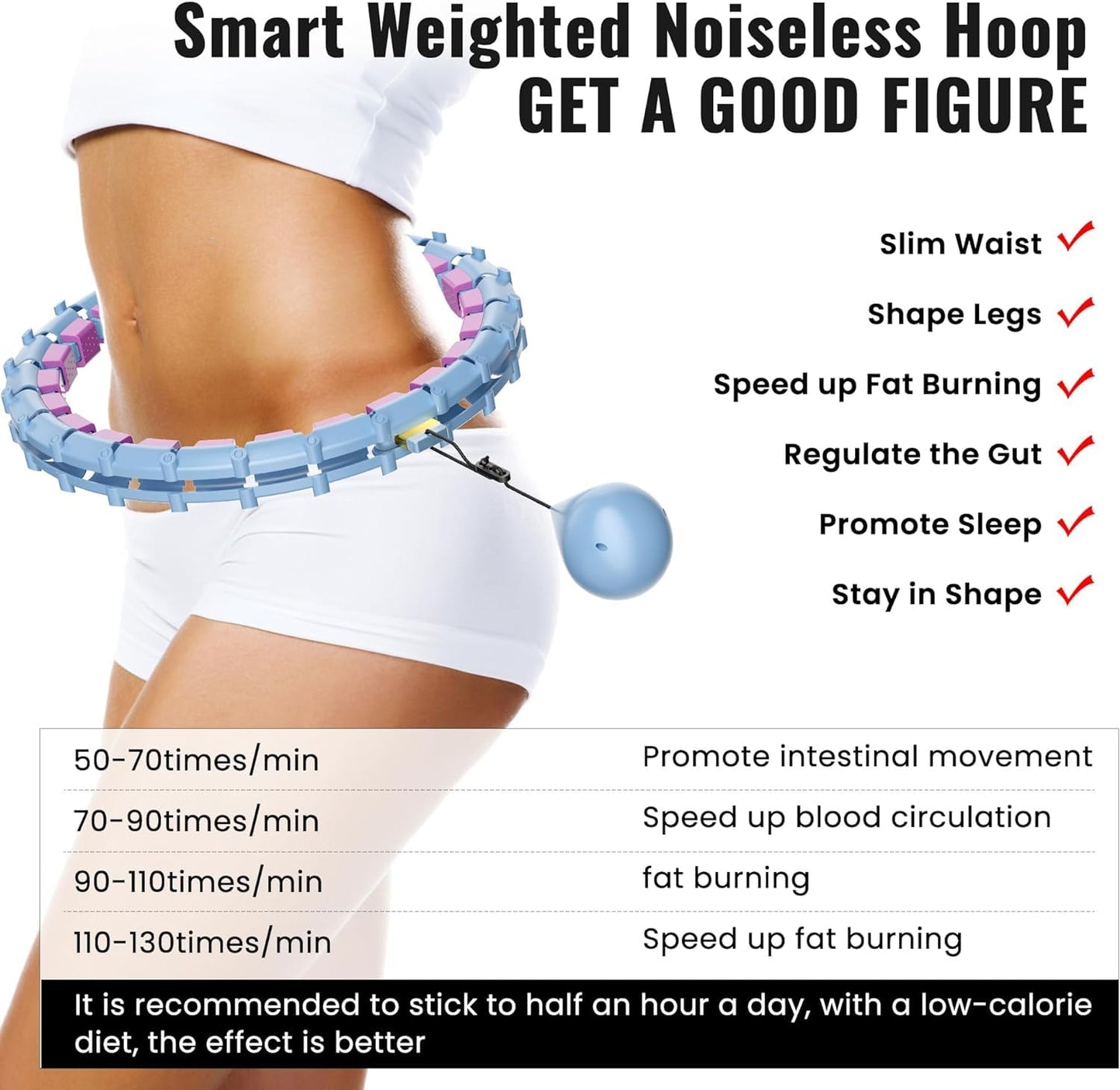 65inch 32 Knots Plus Size Quiet Weighted Hula, Smart Detachable Fitness Infinity Hoop, 2 in 1 Waist and Abdominal Weight Loss for Women, Workout Exercise Equipment Hoop