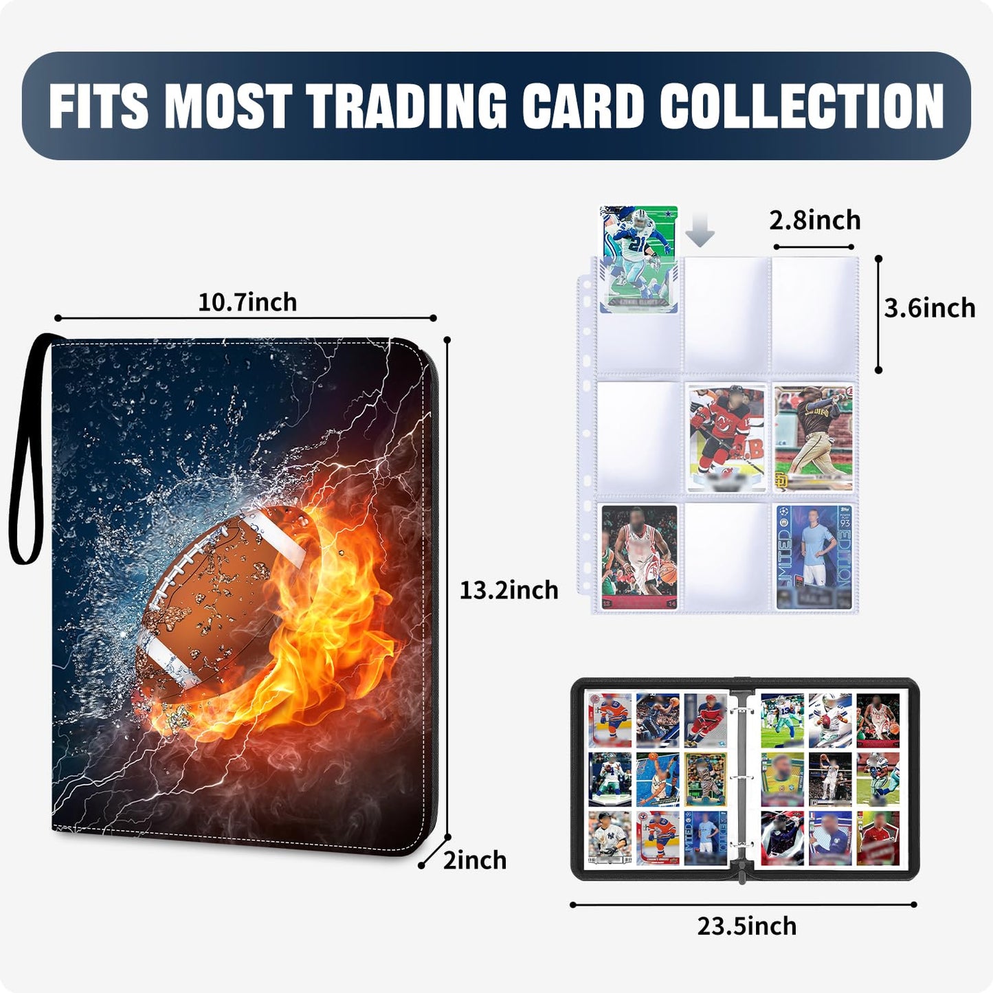 HESPLUS Football Card Binder Compatible with Football Card, Baseball Card, Trading Card, MTG and Other TCG, Fits 900 Cards with 50 Removable Pages, Card Holder Collector for Standard Size Card