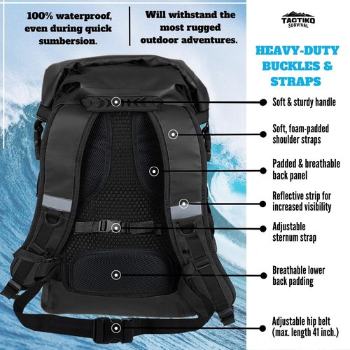Tactiko Survival 30L Heavy-Duty 100% Waterproof Backpack - Equipment Pocket, Carabiner - Roll Top Floating Dry Bags (Jet Black)